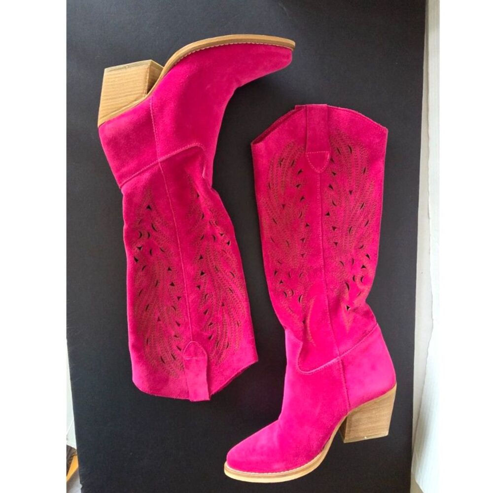 KS Kali Shoes Rea Magenta Pink Texan Laser-Cut Western Boots Suede Sz EU 38 - Picture 4 of 9